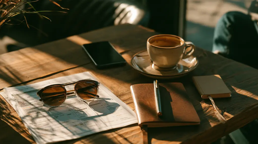 Passport, itinerary, sunglasses and coffee laid out for trip planning